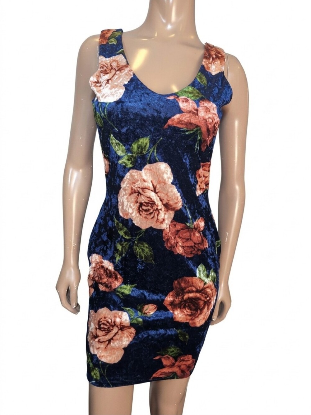 Dresscode LA Velvet Floral Bodycon Mini Dress Blue Pink Rose V-Neck Sleeveless